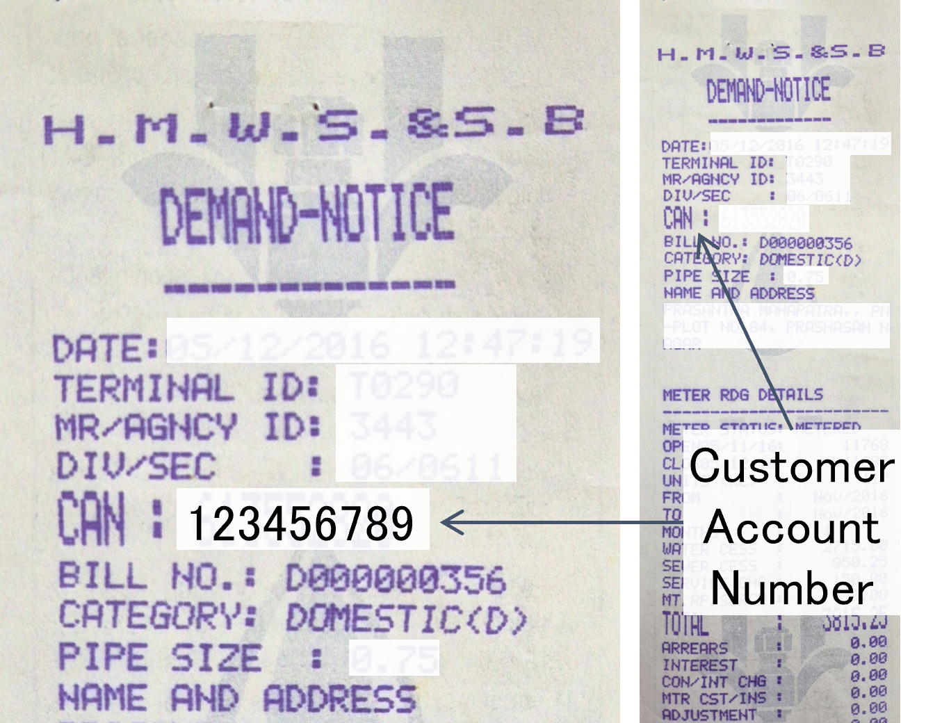 Hyd Metro Water Bill Snip Showing CAN Number