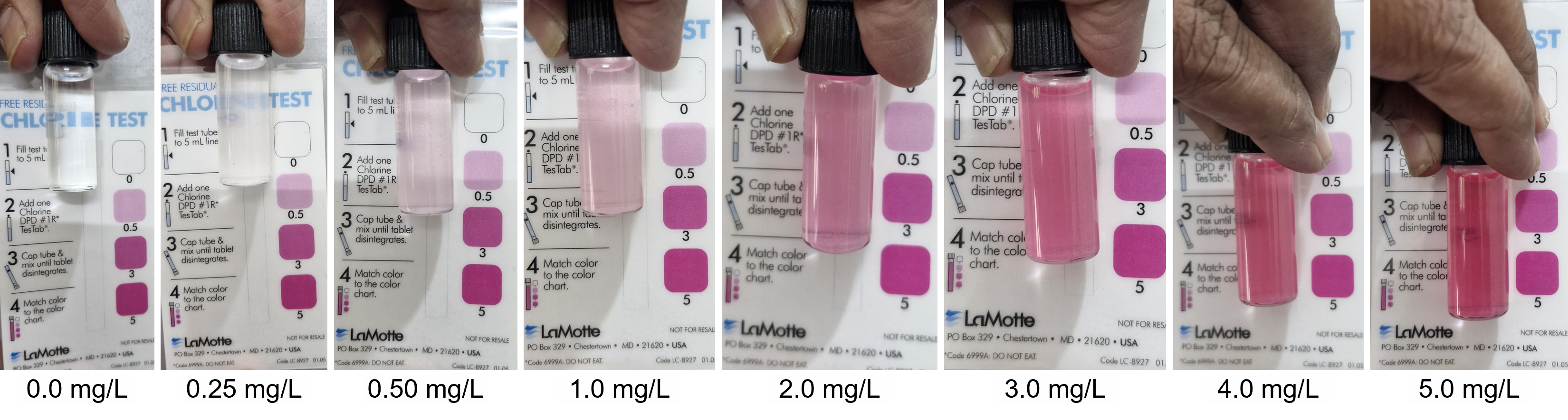 Figure to illustrate use of 5-ml glass vials for chlorine testing using LaMotte Testabs and color chart